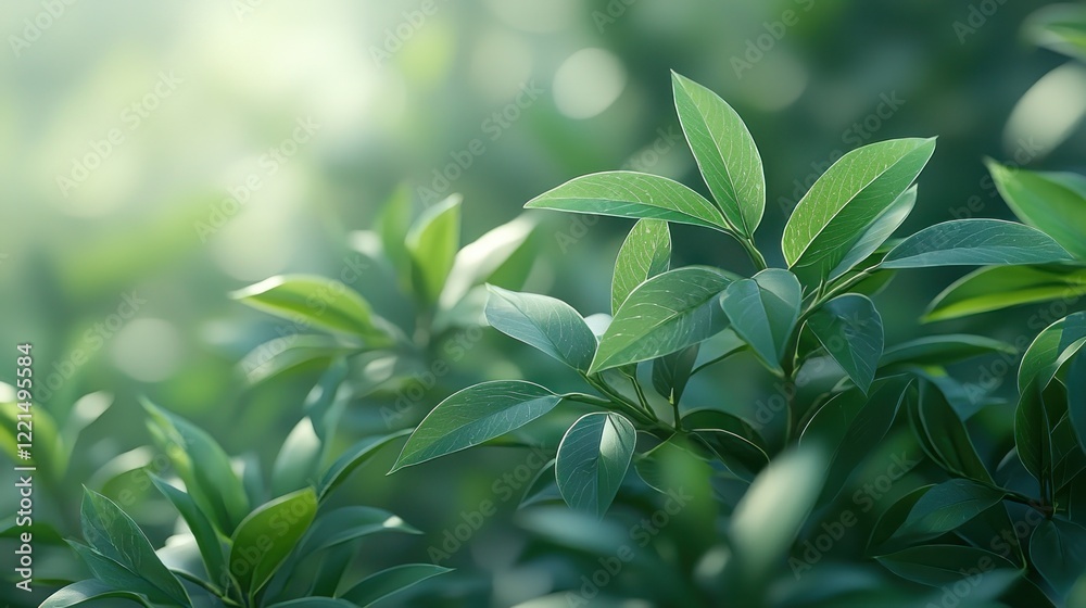 Obraz premium Lush green leaves, sunlight, garden, bokeh, nature backdrop