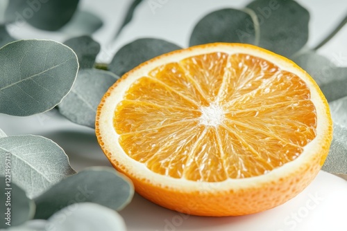 A juicy orange slice, vibrant and fresh, rests on eucalyptus leaves, creating a visually appealing image. photo