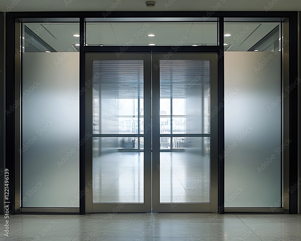 Fototapeta premium Modern frosted glass double doors in a contemporary office building.