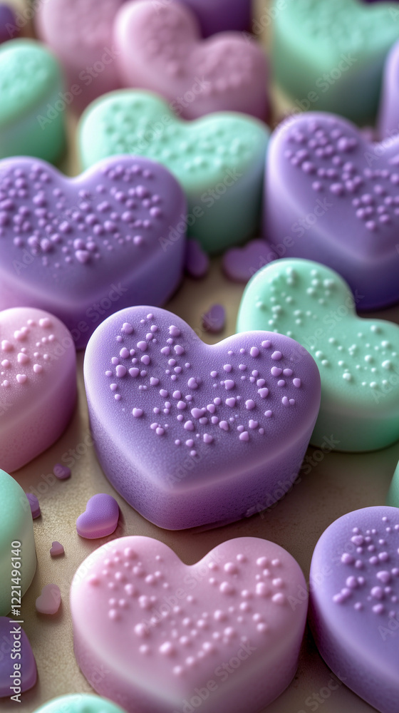 Obraz premium Colorful heart-shaped candies in pastel hues perfect for celebrating love and special occasions
