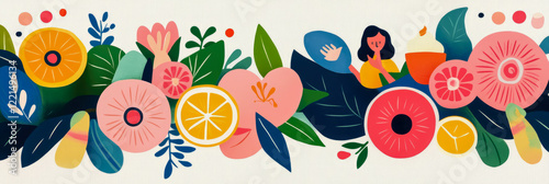 A vibrant floral arrangement with citrus fruits and a woman figure