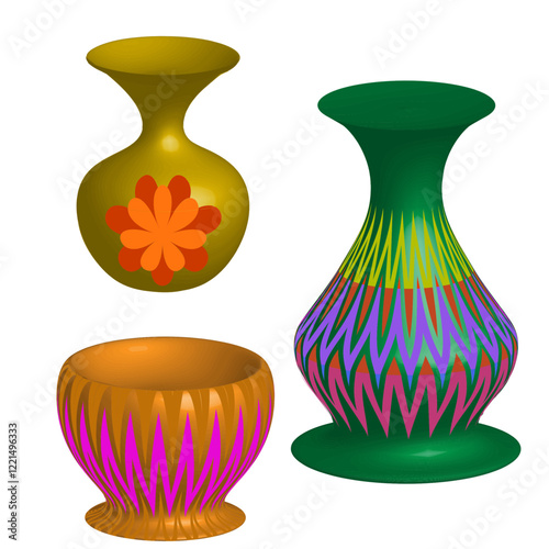  Three bright colored vases with ornaments 