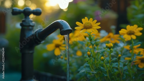 Flowing water tap in garden with bright yellow flowers at sunset, perfect for environmental design and nature conservation concepts photo