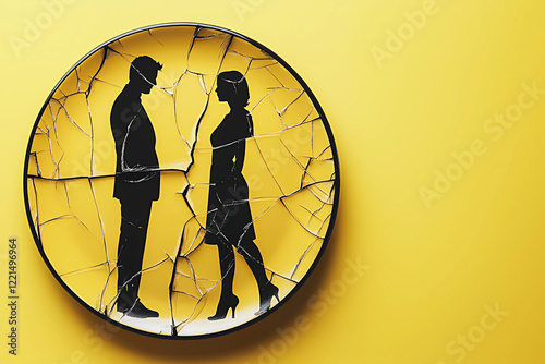 black silhouettes of a man and a woman on a broken plate on a yellow background. the concept of family conflict. place for the text