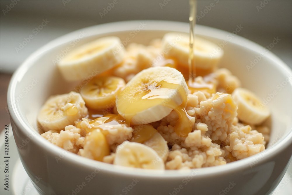 Close-up of oatmeal with bananas and honey in natural light Close-up of oatmeal with bananas and honey in natural light
