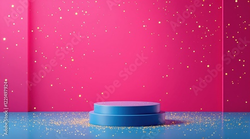 Blue podium for presentation products on the pink background