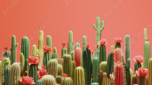 A variety of flowering cacti are isolated on the red background. Ideal for gifting to a beloved woman on Valentine's Day. Warm hues.