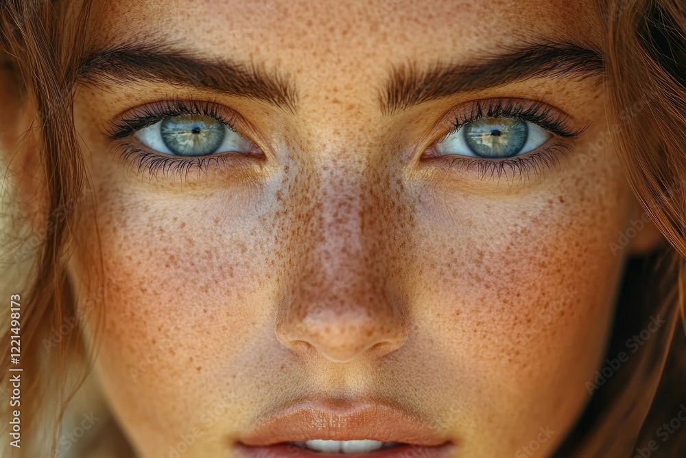 Fototapeta premium A close-up shot of a woman's face with visible freckles, suitable for use in beauty or lifestyle imagery