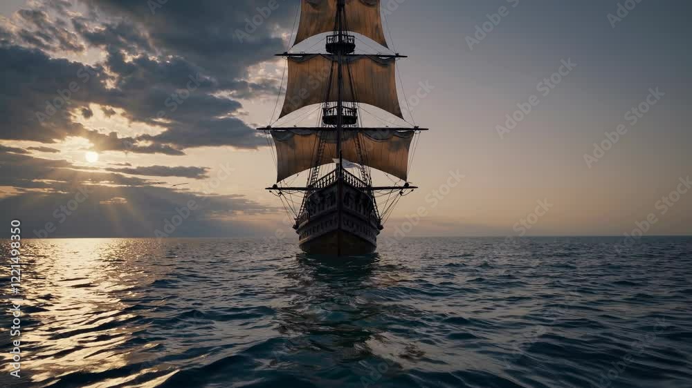 Majestic sailing ship on open sea at sunset. Ancient vessel with full sails navigating calm waters. Dramatic sky and golden sunlight create breathtaking maritime scene