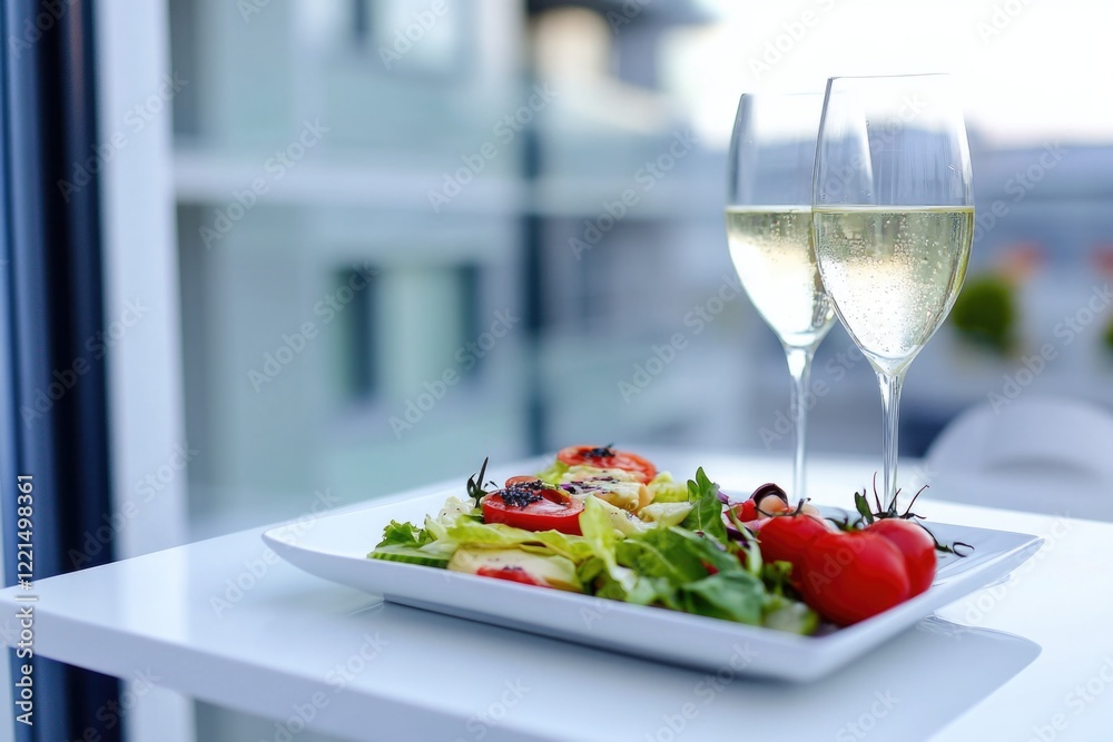 A still life image of a plate of food and a glass of wine on a table, ideal for use in advertising or editorial content A still life image of a plate of food and a glass of wine on a table, ideal for use in advertising or editorial content