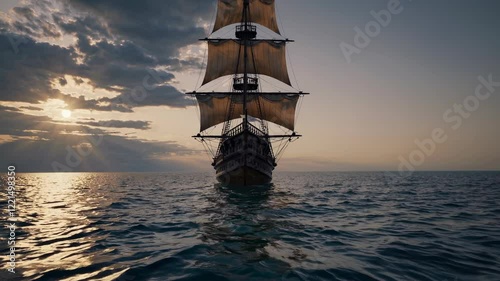 Majestic sailing ship on open sea at sunset. Ancient vessel with full sails navigating calm waters. Dramatic sky and golden sunlight create breathtaking maritime scene