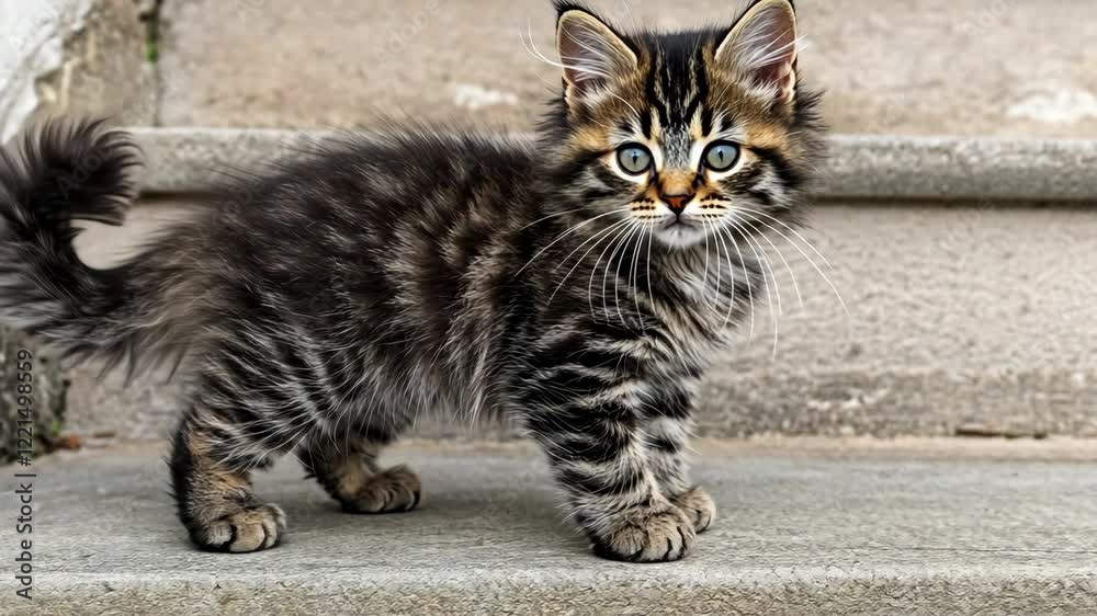 Cute striped kitten playing on stone steps during bright daytime Cute striped kitten playing on stone steps during bright daytime