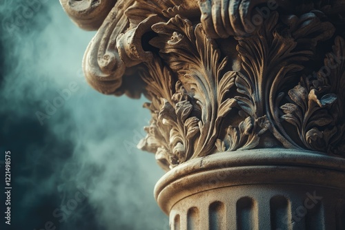 Intricate stone column capital, showcasing detailed acanthus leaf carvings against a smoky backdrop. photo