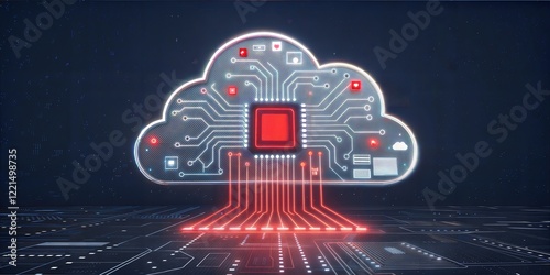 Futuristic Digital Cloud with Circuits and Glowing Data Streams on a Dark Background