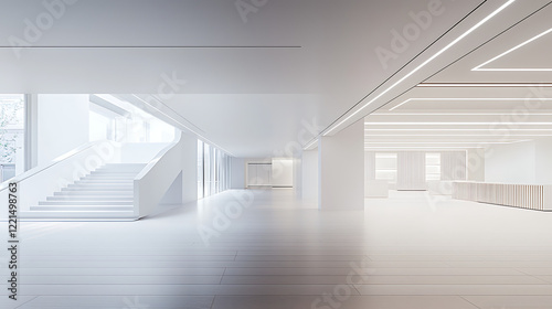 Minimalist white interior with stairs and lighting.