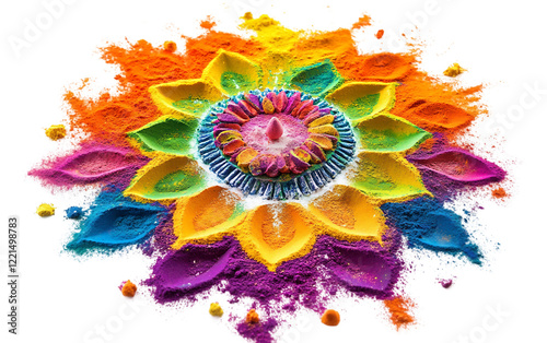 Celebrating Holi with Colorful Rangoli Art Isolated on transparent background. photo