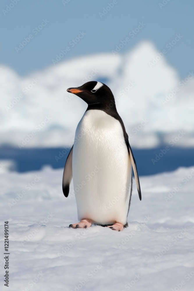 Naklejka premium A penguin stands on a snowy surface, looking out over the ice. Concept of isolation and solitude, as the penguin is alone in its environment. The white snow and blue sky create a stark contrast