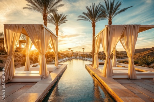 Shimmering pool and elegant cabanas at a desert retreat photo