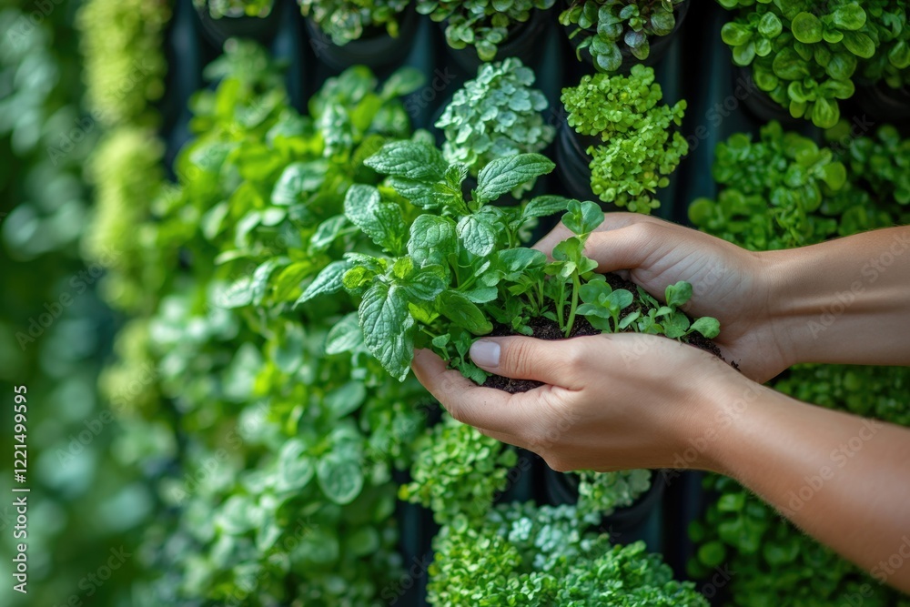 Hands gently holding young seedlings, against a vibrant green vertical garden backdrop. Hands gently holding young seedlings, against a vibrant green vertical garden backdrop.