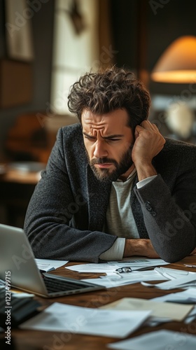 Frustrated office worker at desk with papers and laptop business concept for stress management and workplace challenges