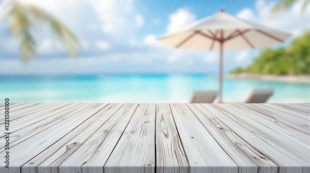 Fototapeta premium Wooden table top and ocean background