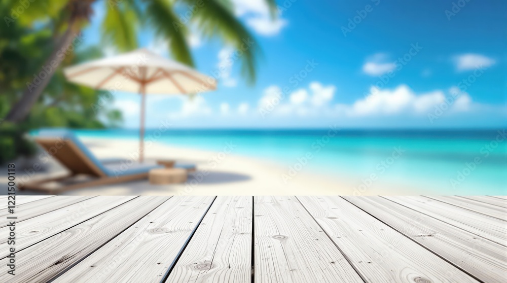 Fototapeta premium Wooden table top and ocean background