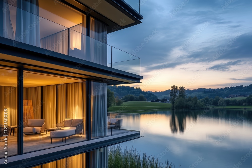 Fototapeta premium Tranquil lake hotel with stylish balconies and serene surroundings