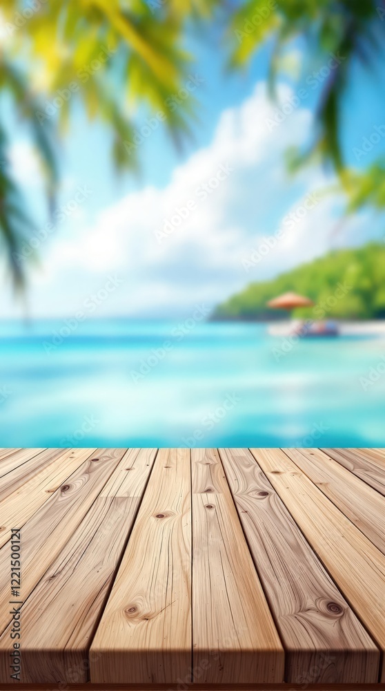 Wooden table top and ocean background Wooden table top and ocean background