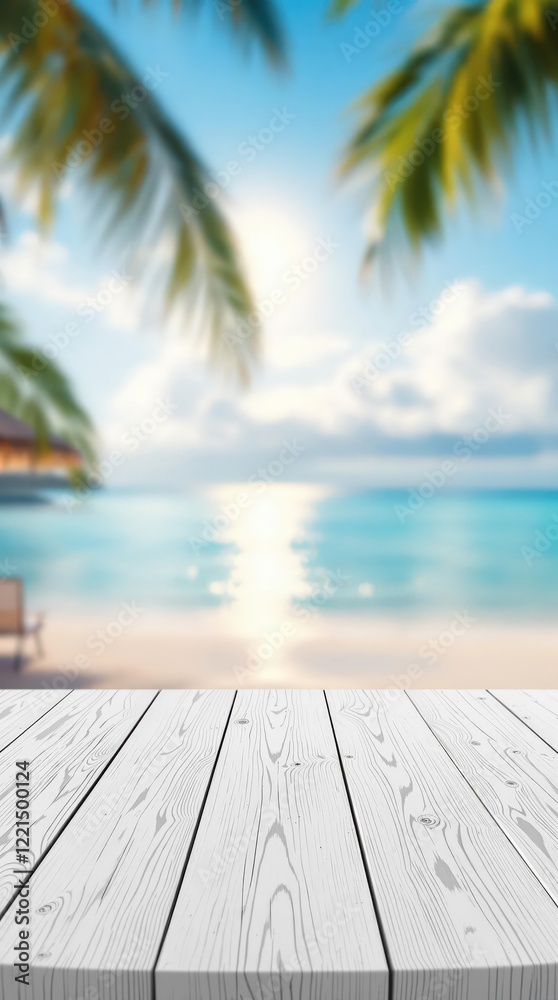 Obraz premium Wooden table top and ocean background