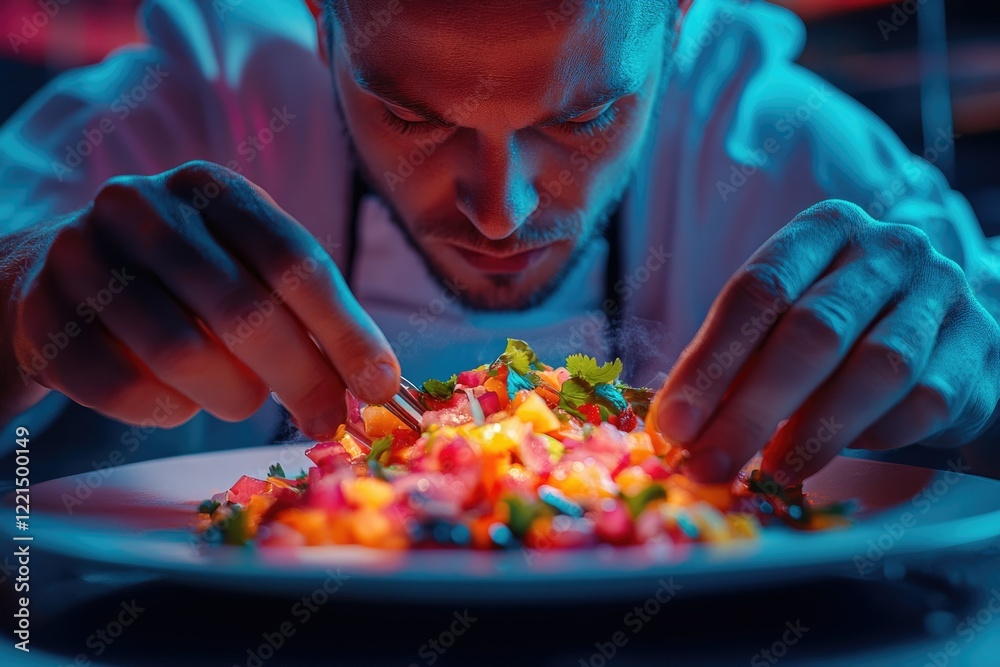 Obraz premium Chef meticulously plates a vibrant fruit salad, showcasing culinary precision and artistry.