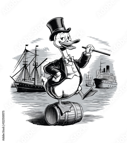 Vector Illustration of a Cheerful Goose in a Tuxedo and Cap Sliding on a Wooden Barrel with a Cigarette Holder, Background of a Lake with Ships