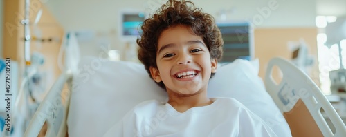A Hispanic boy around 7 years old sits on his hospital bed with a joyful expression looking at the camera. The bright room is filled with natural light creating an uplifting atmosphere