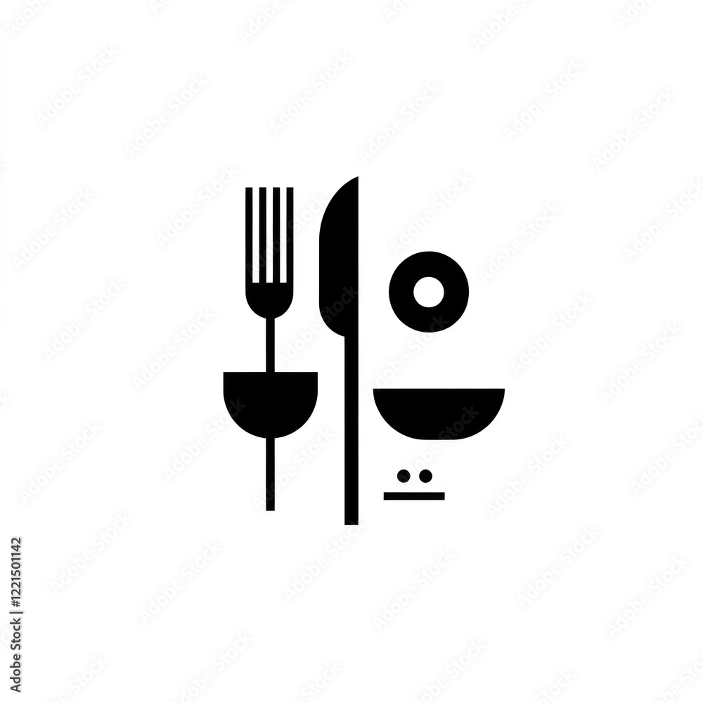 Fototapeta premium Simple cutlery and bowl icon, minimalist food design, website use