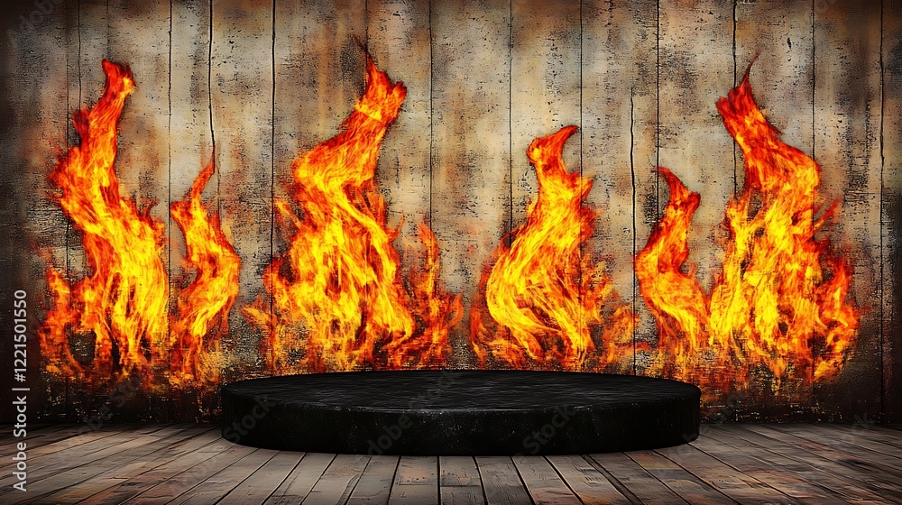 Obraz premium Flames behind pedestal on wooden stage floor