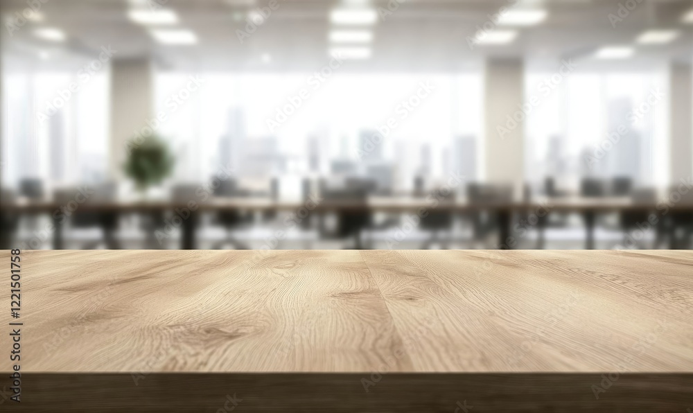 custom made wallpaper toronto digitalA sleek wooden table with a blurred modern office in the background, evoking a professional and polished atmosphere. Ideal for corporate presentations, workplace promotions