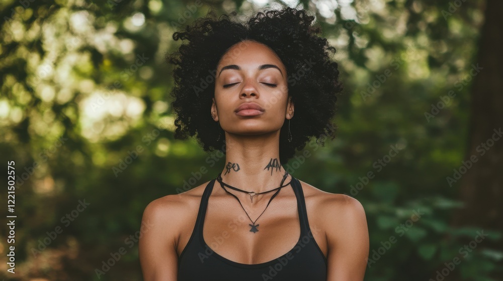 Young african female meditating in nature with eyes closed and curly hair Young african female meditating in nature with eyes closed and curly hair