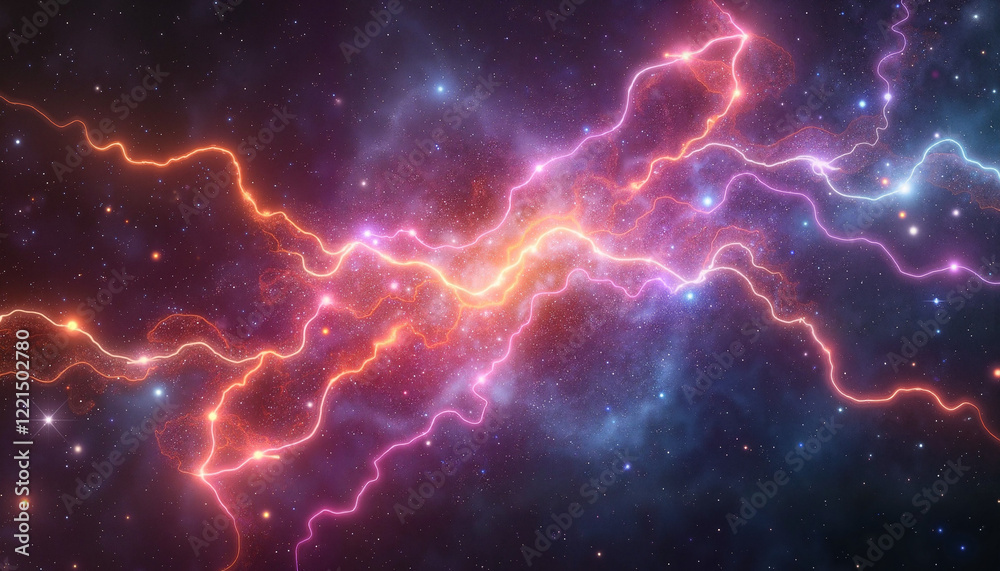 Glowing cosmic structures intertwining in dark matter background, surreal space