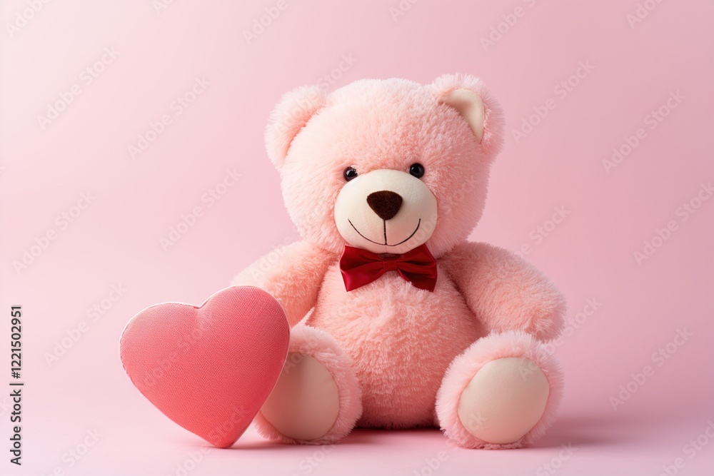 close-up teddy bear with heart on pink background, adorable romantic toy close-up teddy bear with heart on pink background, adorable romantic toy