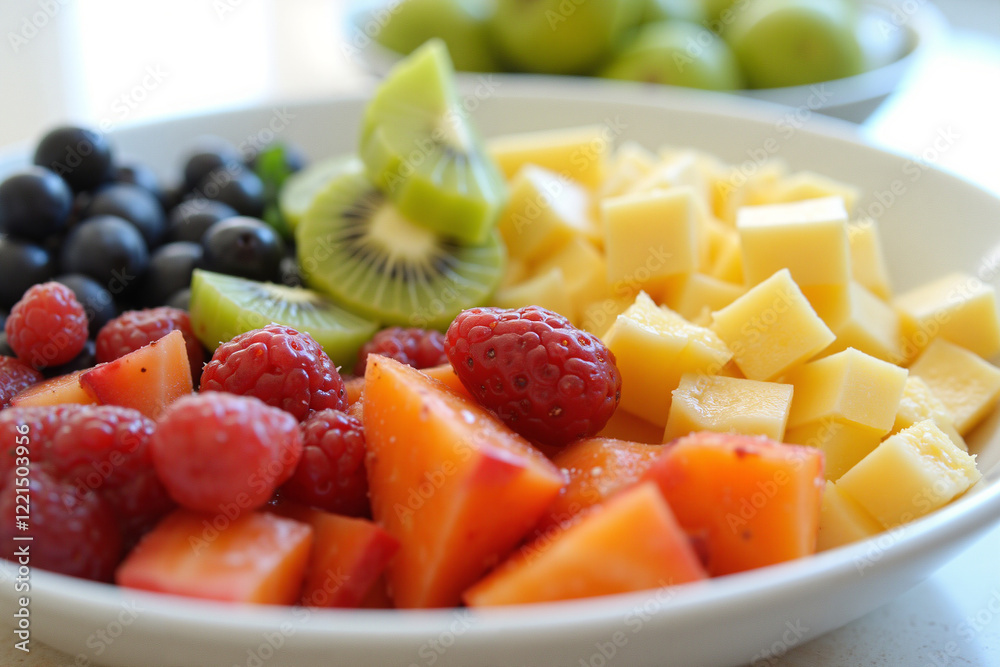 Vibrant bowl of fresh seasonal fruit salad in natural light Vibrant bowl of fresh seasonal fruit salad in natural light