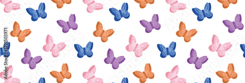 Abstract paper butterfly pattern. Colorful pattern of different butterflies. Butterflies with wings flying. Vector seamless repeating background in simple style.