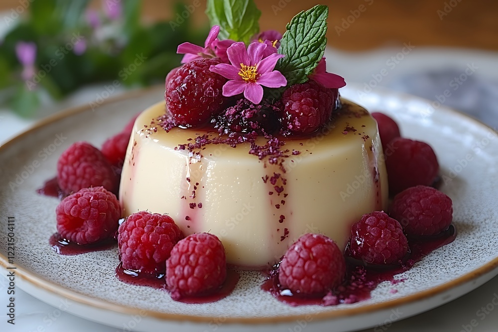 Elegant Raspberry Panna Cotta Garnished with Fresh Mint and Edible Flowers Elegant Raspberry Panna Cotta Garnished with Fresh Mint and Edible Flowers