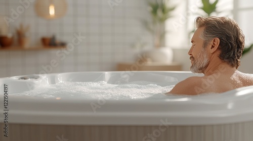 Bearded mature male relaxing in sleek hot tub, immersing in warm bubbles and experiencing peaceful spa moment within bright, contemporary bathroom setting