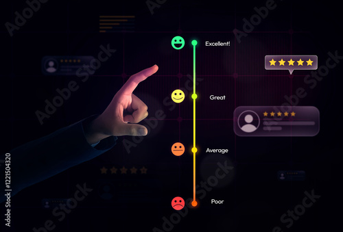 Man pointing towards line with finger and touching the feedback bar design, colorful review and feedback concept design with touch from side photo