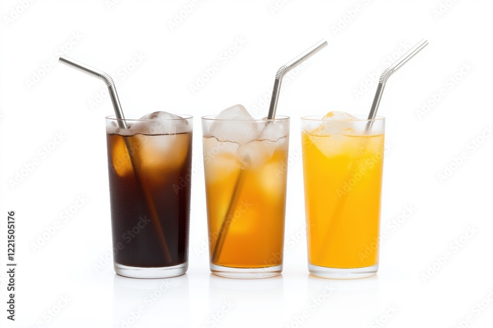 Three glasses of different colored drinks with straws in them. The drinks are cold and refreshing. Concept of relaxation and enjoyment Three glasses of different colored drinks with straws in them. The drinks are cold and refreshing. Concept of relaxation and enjoyment