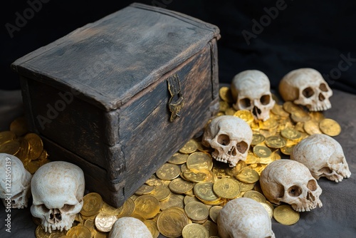 A wooden chest with skulls and gold coins on top of it. The skulls are arranged in a row and the gold coins are scattered around them. The scene gives off a creepy and mysterious vibe photo