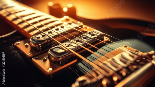 technician fine-tuning electric guitar strings, metallic tools visible, warm lighting reflecting on polished wooden surface, artistic workspace photo