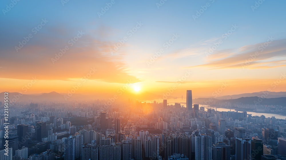 Naklejka premium A breathtaking view of the city skyline during sunset, showcasing vibrant colors and towering buildings against a backdrop of clouds and a shimmering river.