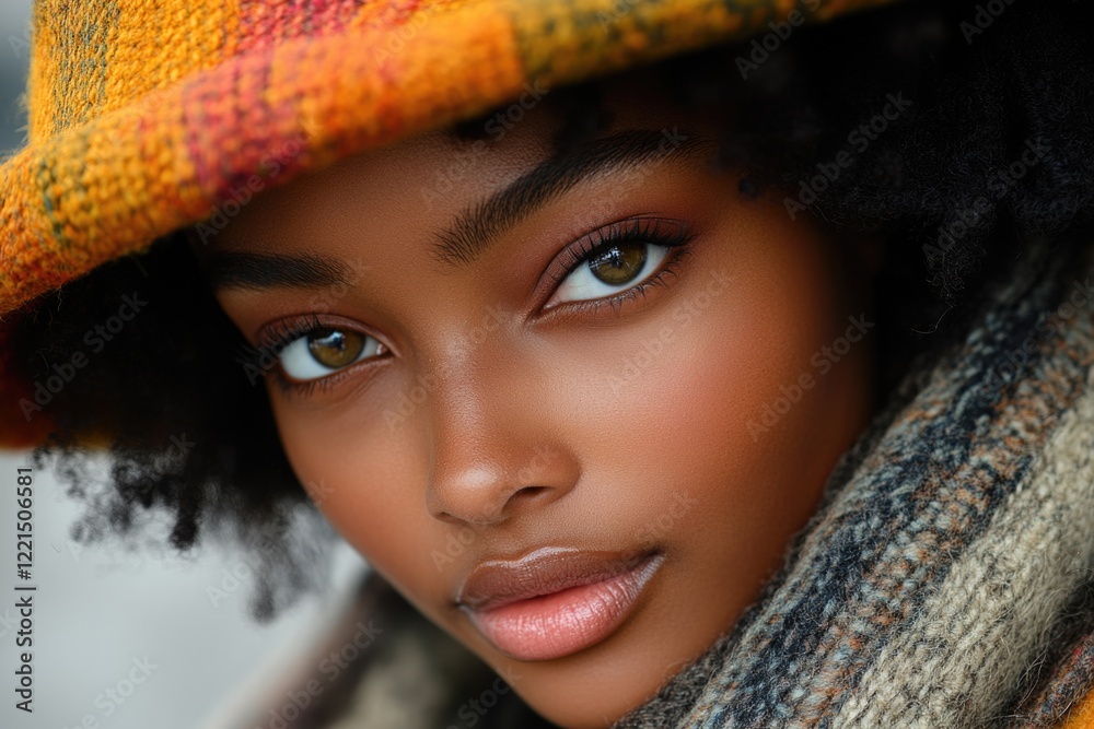 Close-up shot of a person wearing a hat and scarf, ideal for use in portraits, winter scenes or as a decorative element Close-up shot of a person wearing a hat and scarf, ideal for use in portraits, winter scenes or as a decorative element