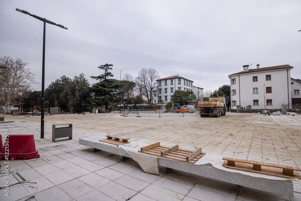 Piazza di unita in front of Nova Gorica train station is being renovated for the upcoming European Culture capital of 2025. Modern platform and square.