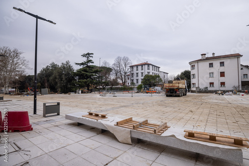 Obraz na płótnie Piazza di unita in front of Nova Gorica train station is being renovated for the upcoming European Culture capital of 2025. Modern platform and square. w salonie